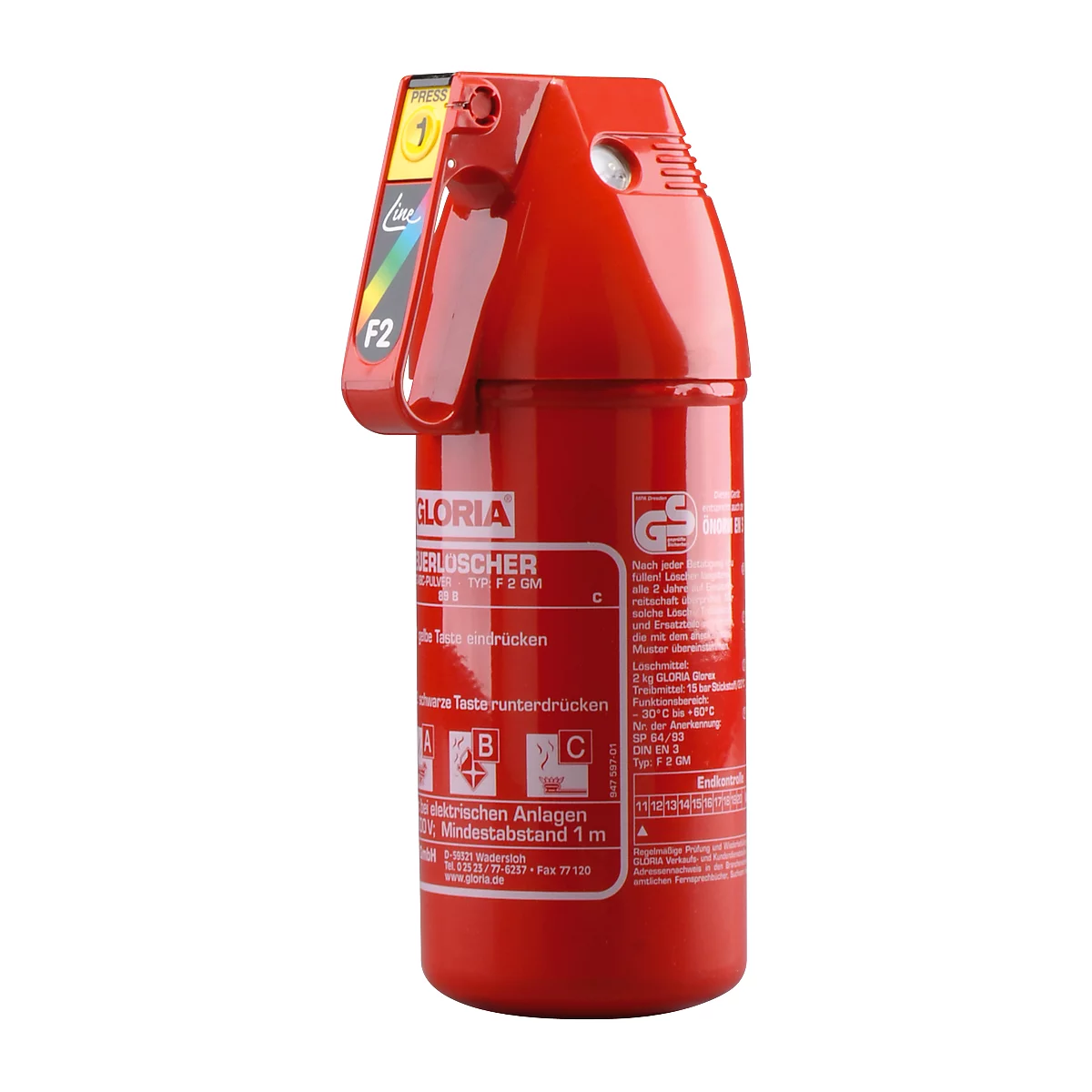 Red fire extinguisher of the brand Gloria with white lettering. Details: handle, nozzle, stickers.