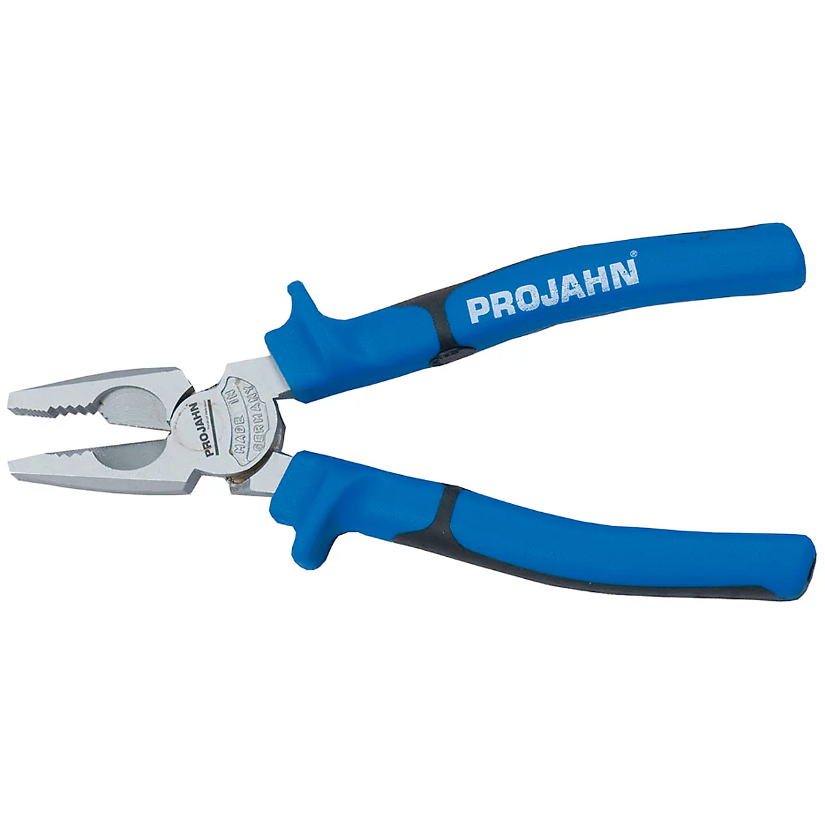 Blue PROJAHN pliers, with silver gripping jaws. PROJAHN is written on the handles.