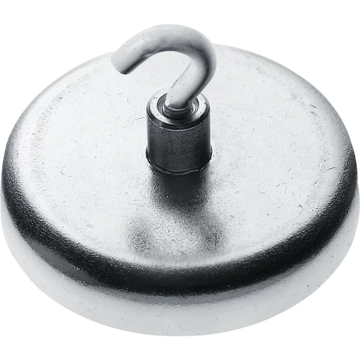 Metal magnet with hook. Round shape, silver color. Hook on top, for hanging.