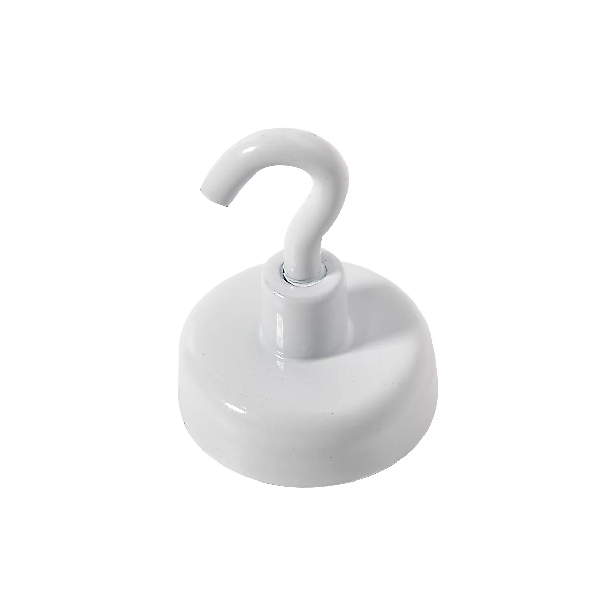 White hook with a round, magnetic base. The hook is curved upwards.