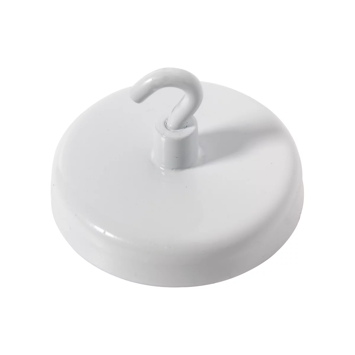 White hook magnet. Round base, hook bent upwards.