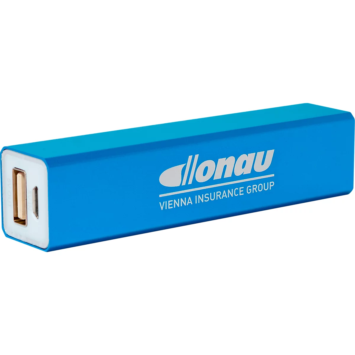 Blaues rechteckiges Ladegerät mit 'llonau' und 'Vienna Insurance Group' Schriftzug. Mit USB-Anschlüssen.