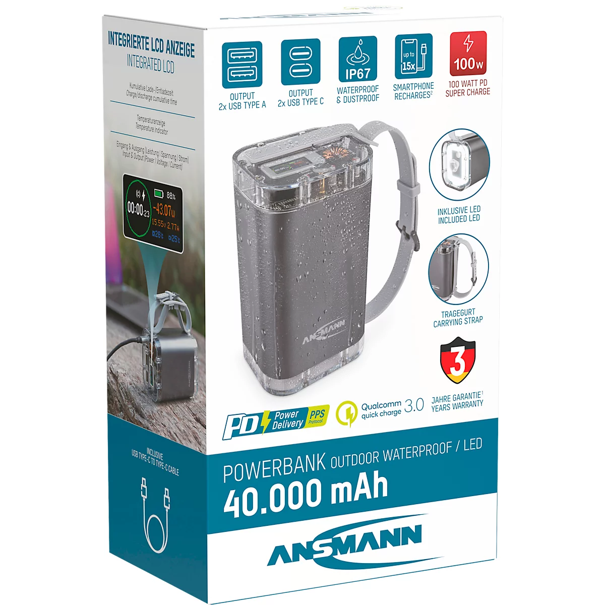 Powerbank Ansmann PB4100, Akkukapazität 40000 mAh, 2 x USB-A und 2 x USB-C, als Taschenlampe verwendbar, TFT-LCD Display, IP67, Aluminium, silber