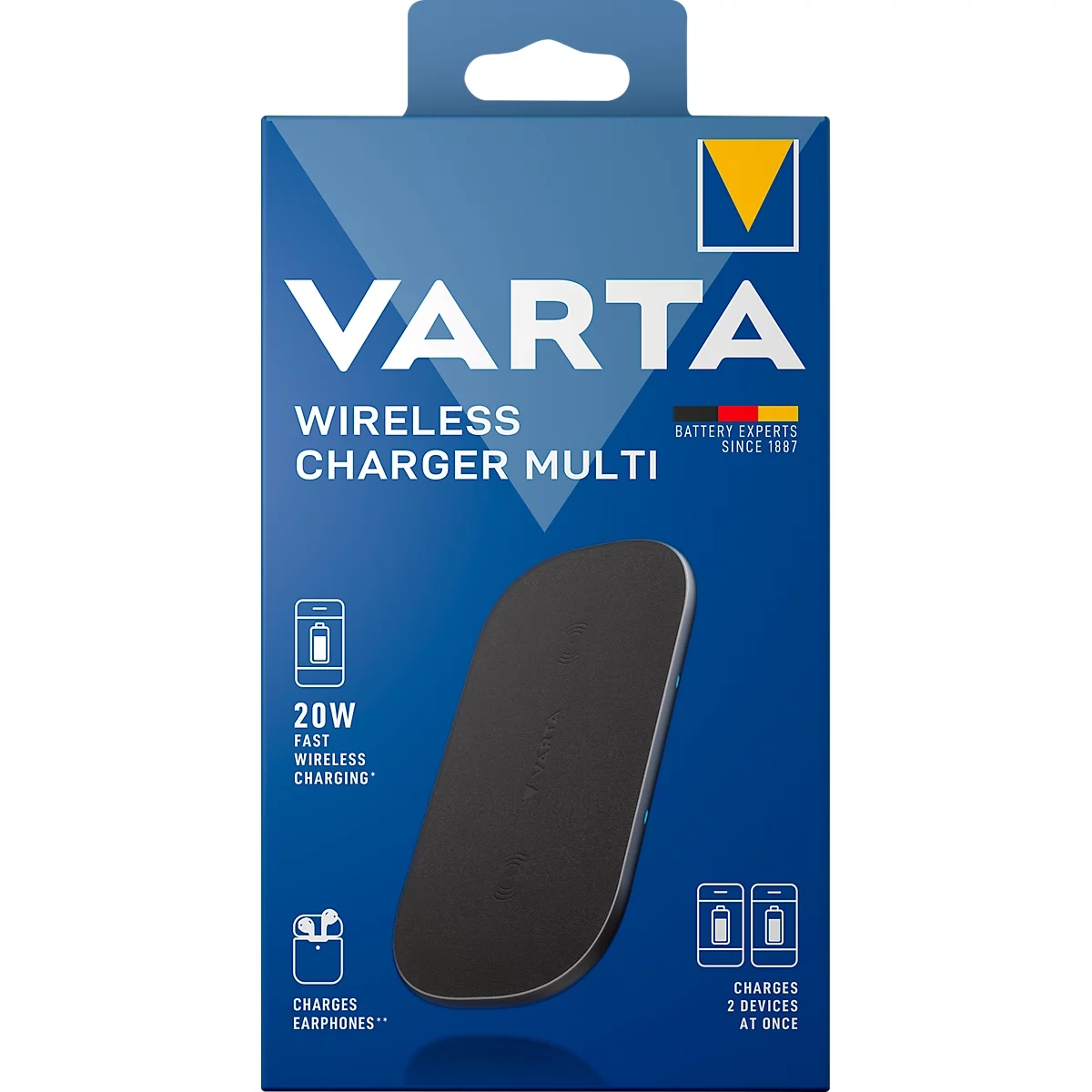 Powerbank Varta Multi 20 W, draadloos opladen, dual coil technologie, tot 20 W, USB Type C, B 120 x D 31 x H 230 mm, zwart