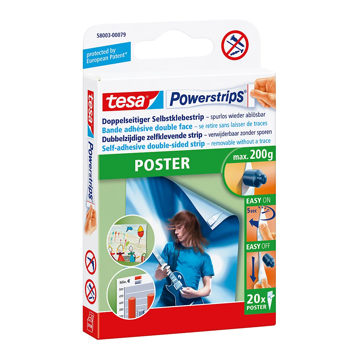 Package of Tesa Powerstrips for posters. Text reads: "Poster". Details on how to apply posters with the strips.