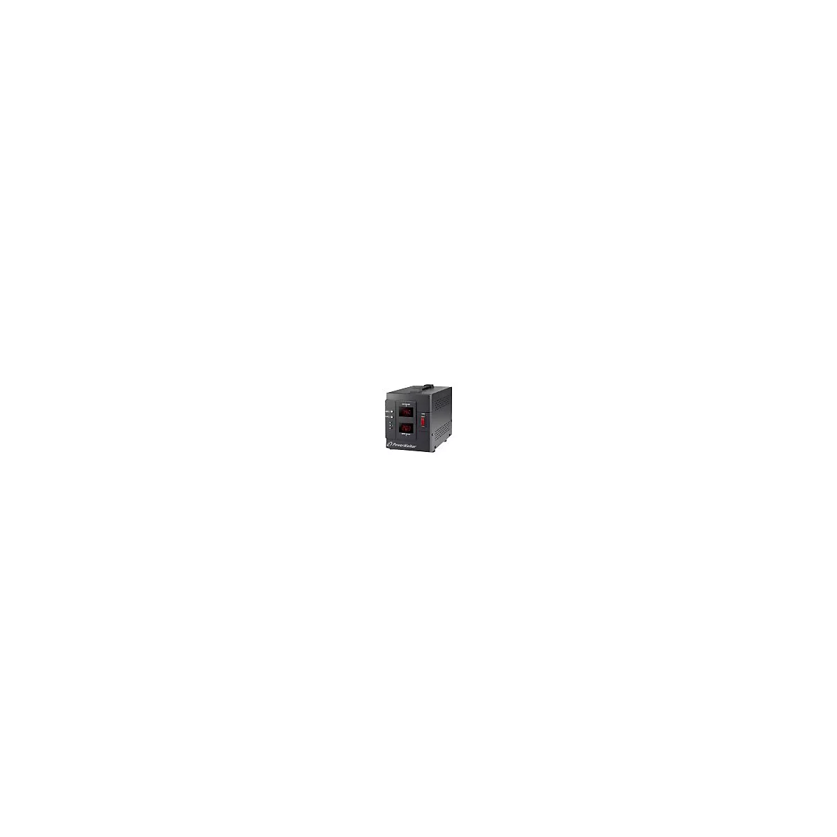 Ein schwarzes PowerWalker-GerÃ¤t mit digitalen Anzeigen. Der rote Kippschalter ist eingeschaltet.