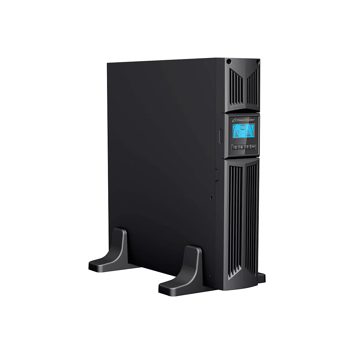 Schwarze USV mit Display, Standfüßen. Auf dem Display werden verschiedene Werte angezeigt.