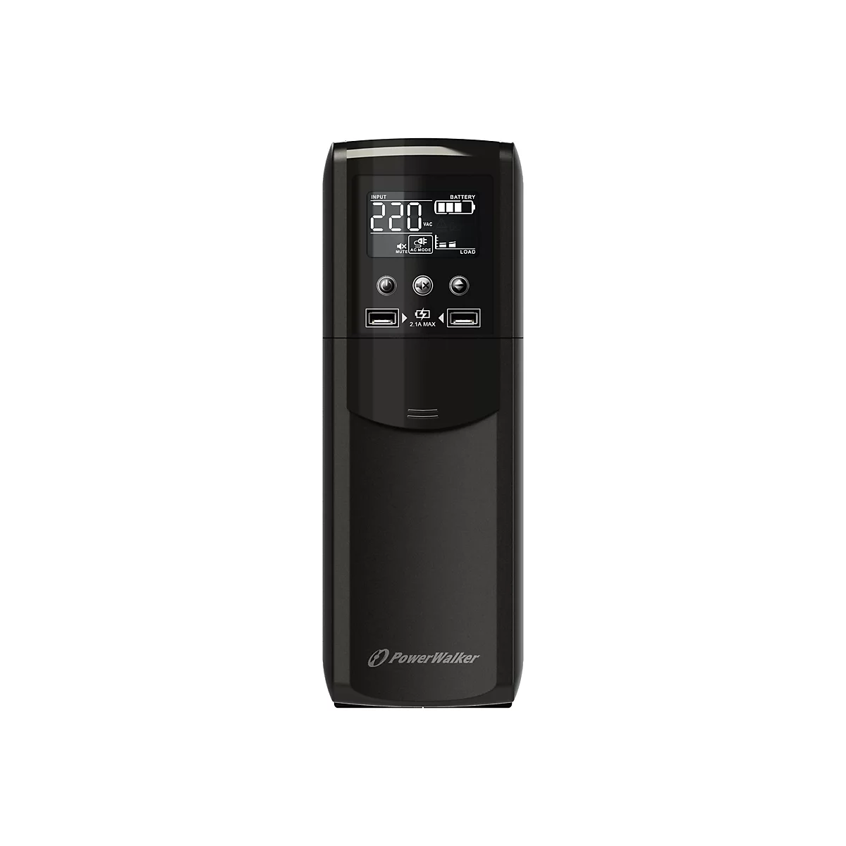 Schwarze USV mit Display. Zeigt 220 Volt und Akkustand. Logo: PowerWalker.