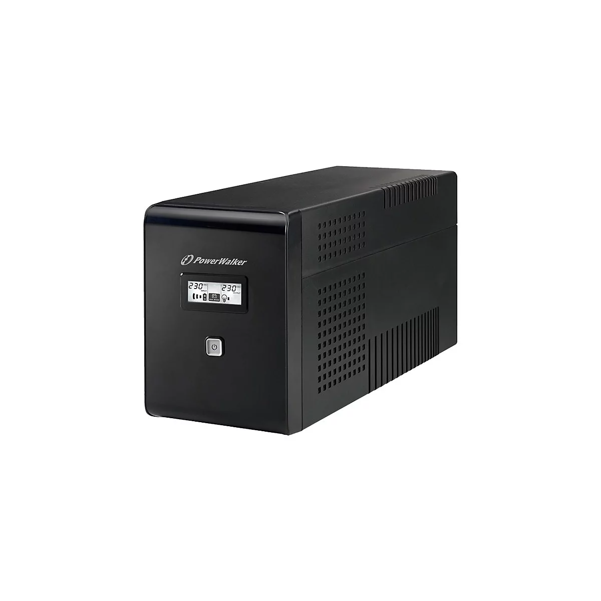 Schwarze USV mit PowerWalker-Logo, Display mit 230-Anzeige und Ein-/Ausschalter.