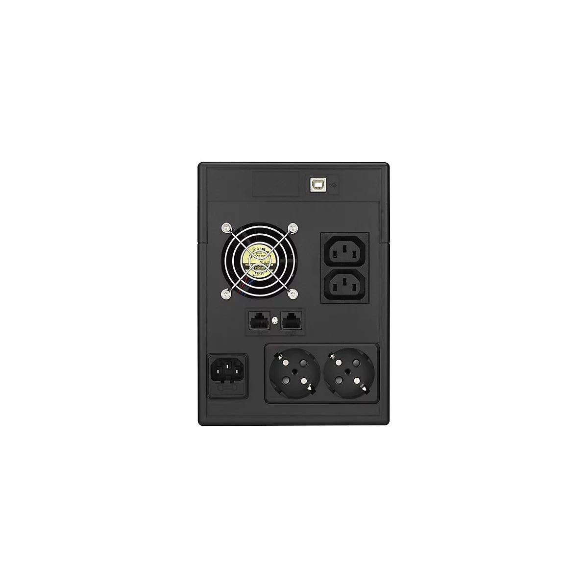 RÃ¼ckseite einer schwarzen USV-Anlage. Oben: USB-Anschluss. Mitte: LÃ¼fter, AnschlÃ¼sse, NetzausgÃ¤nge. Unten: Netzanschluss und Steckdosen.