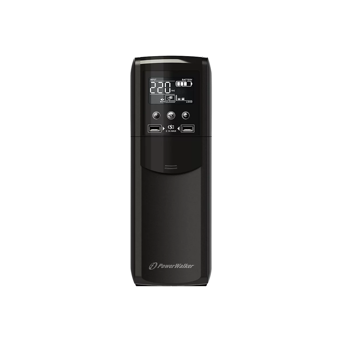 Schwarze USV mit Display, USB-AnschlÃ¼ssen und dem Logo PowerWalker.