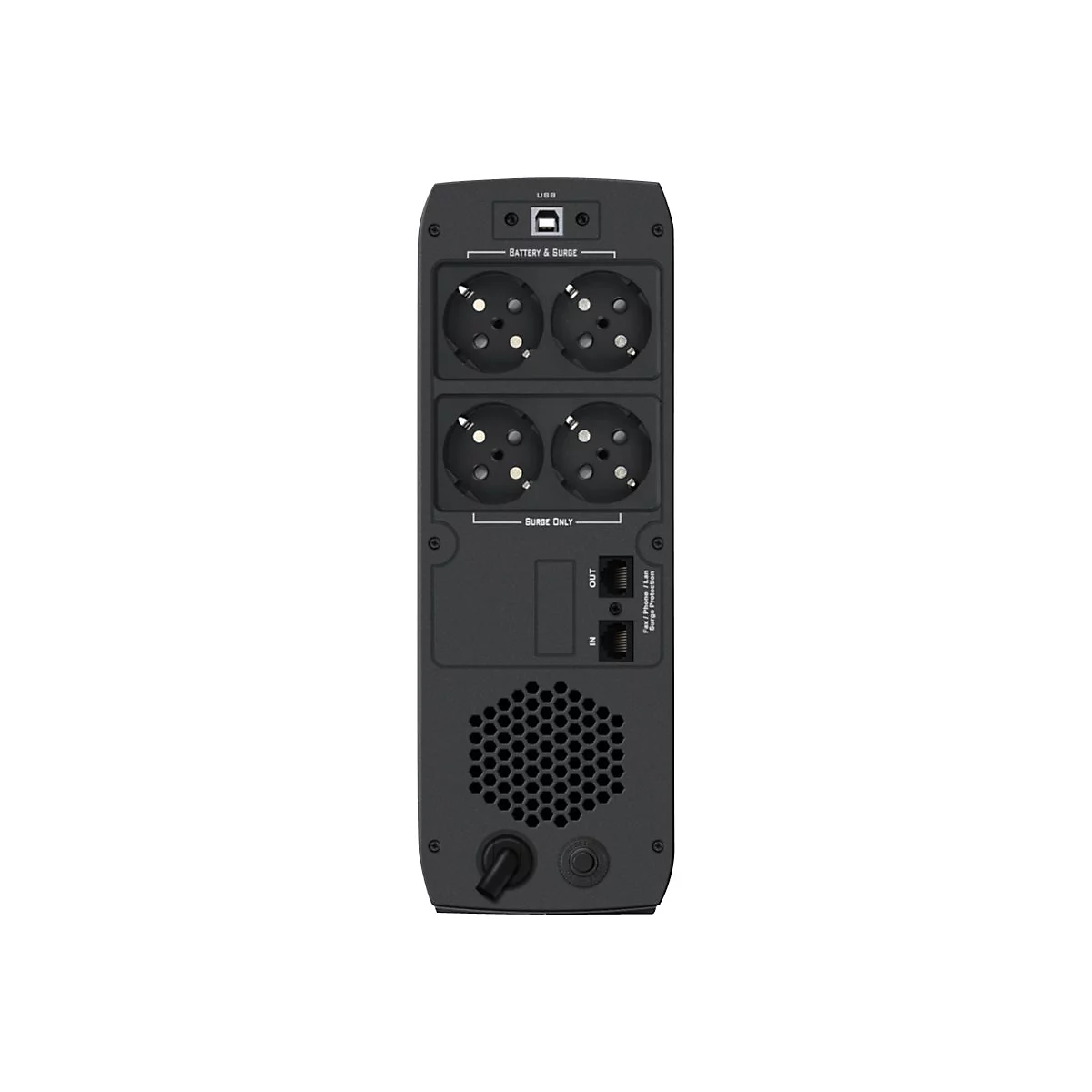 RÃ¼ckseite einer schwarzen USV mit Steckdosen, USB-Anschluss und LÃ¼ftung.