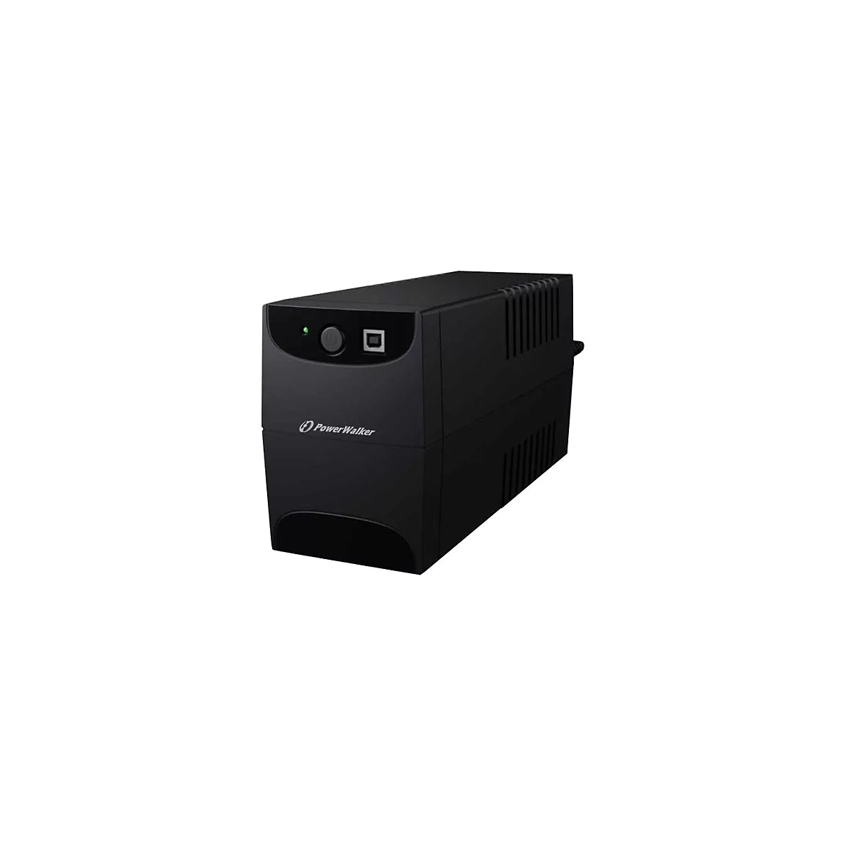 Schwarze PowerWalker USV, vorne mit Power-Knopf, USB-Anschluss und grünem Licht. "PowerWalker" Logo unten.
