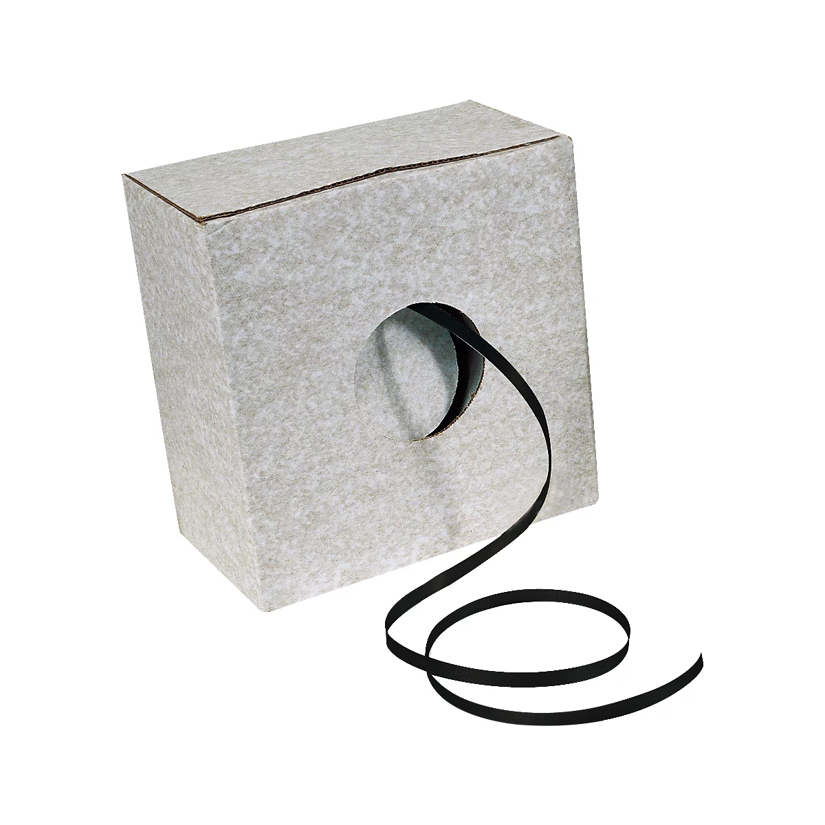 A roll of black ribbon emerging from a rectangular grey cardboard box.
