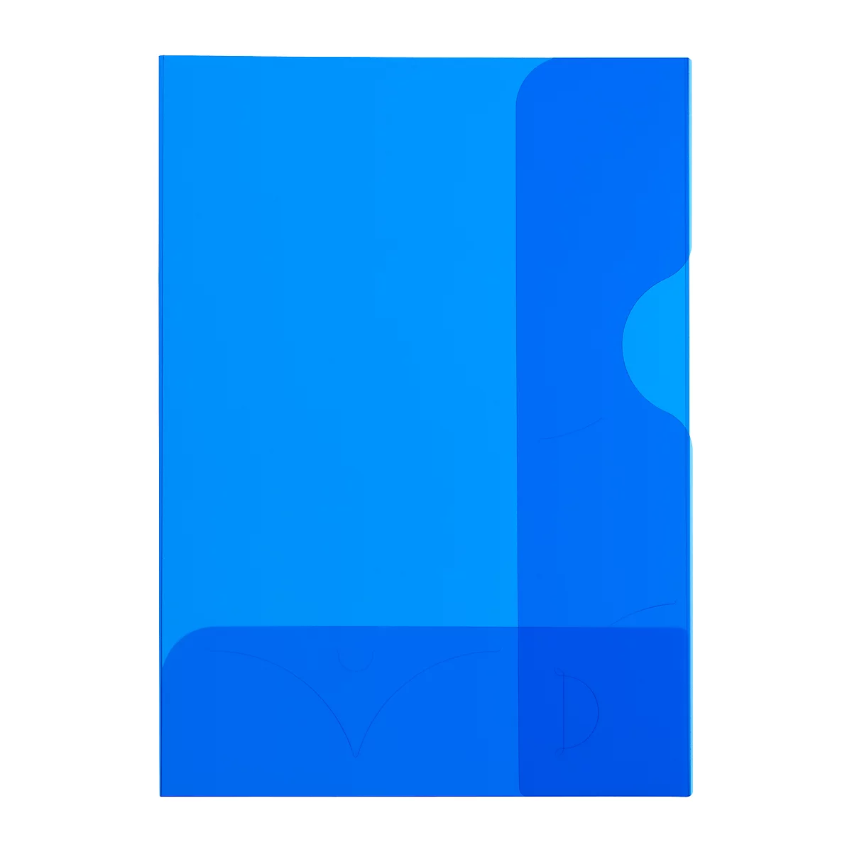 Blauer Ordner mit abgerundeten Kanten und einem rechteckigen Design.
