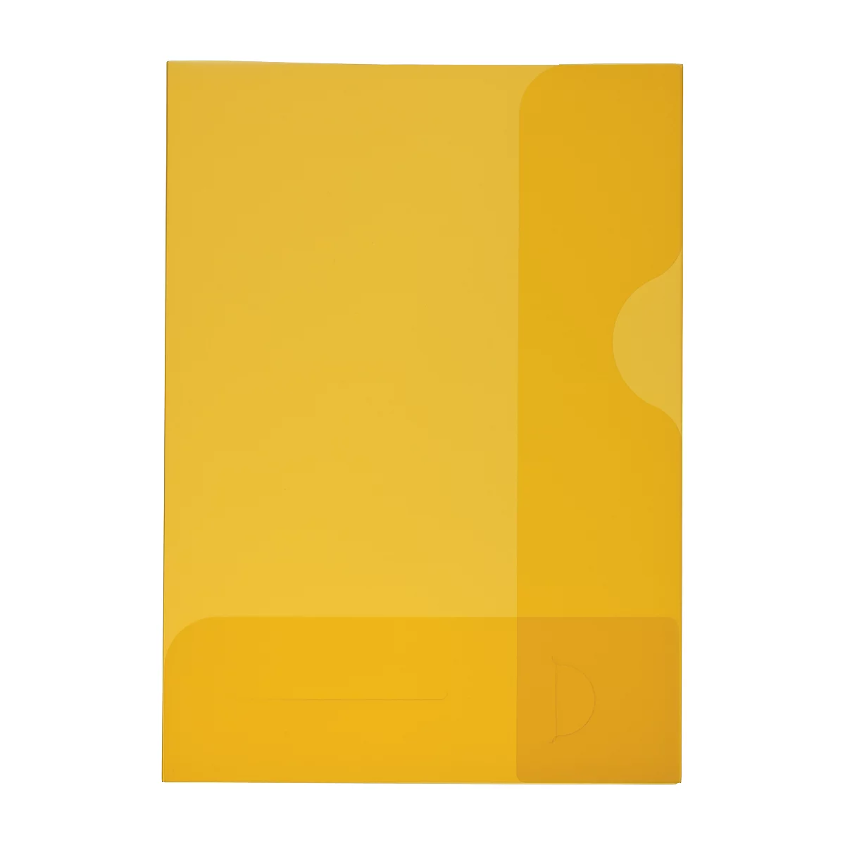 Gelbe, transparente Dokumentenmappe mit abgerundeten Ecken, ein Fach ist für Dokumente, das andere hat eine Aussparung.