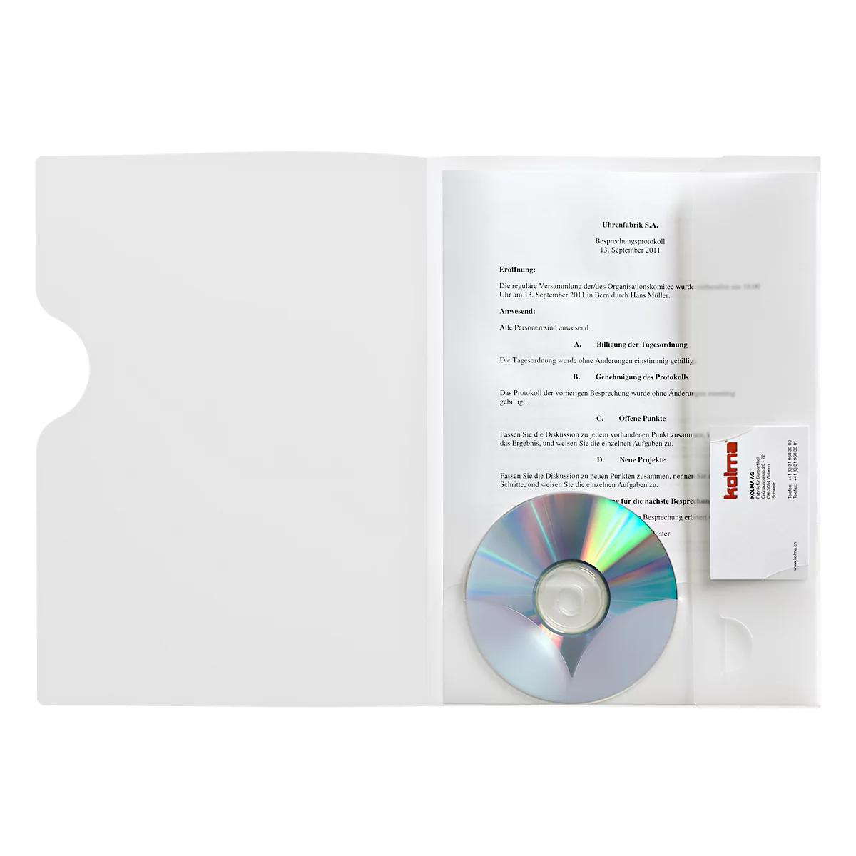 Offene weisse Mappe mit CD, Visitenkarte und Dokument. Der Text ist in deutscher Sprache.