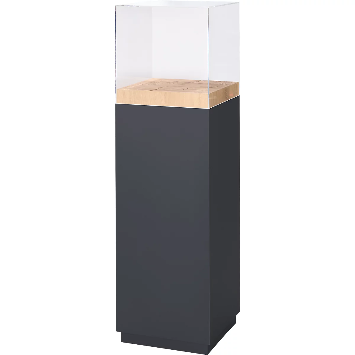 Präsentationssäule, 1 Fachboden, bis 30 kg, T 350 x H 1190 mm, Hirnholz-Eiche/Plexiglas, schwarz-matt