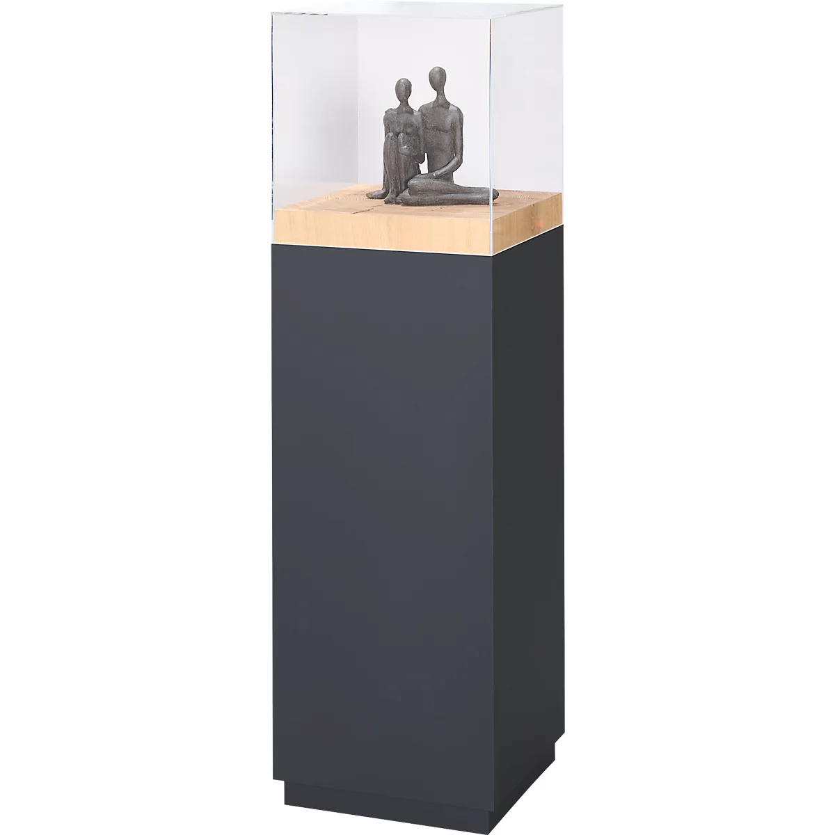 Präsentationssäule, 1 Fachboden, bis 30 kg, T 350 x H 1190 mm, Hirnholz-Eiche/Plexiglas, schwarz-matt