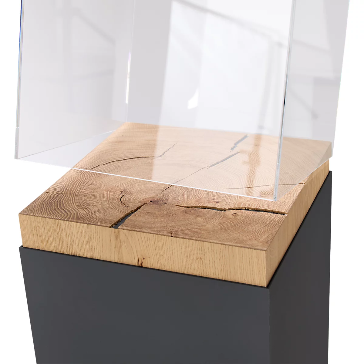 Präsentationssäule, 1 Fachboden, bis 30 kg, T 350 x H 1190 mm, Hirnholz-Eiche/Plexiglas, schwarz-matt