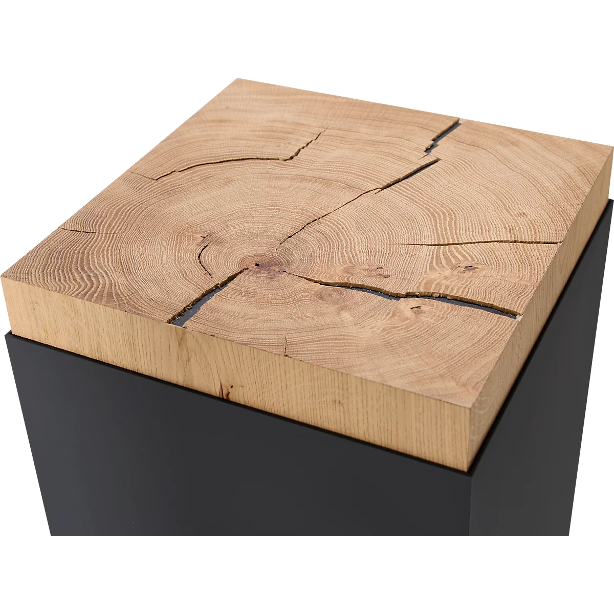 Präsentationssäule, 1 Fachboden, bis 30 kg, T 350 x H 1190 mm, Hirnholz-Eiche/Plexiglas, schwarz-matt