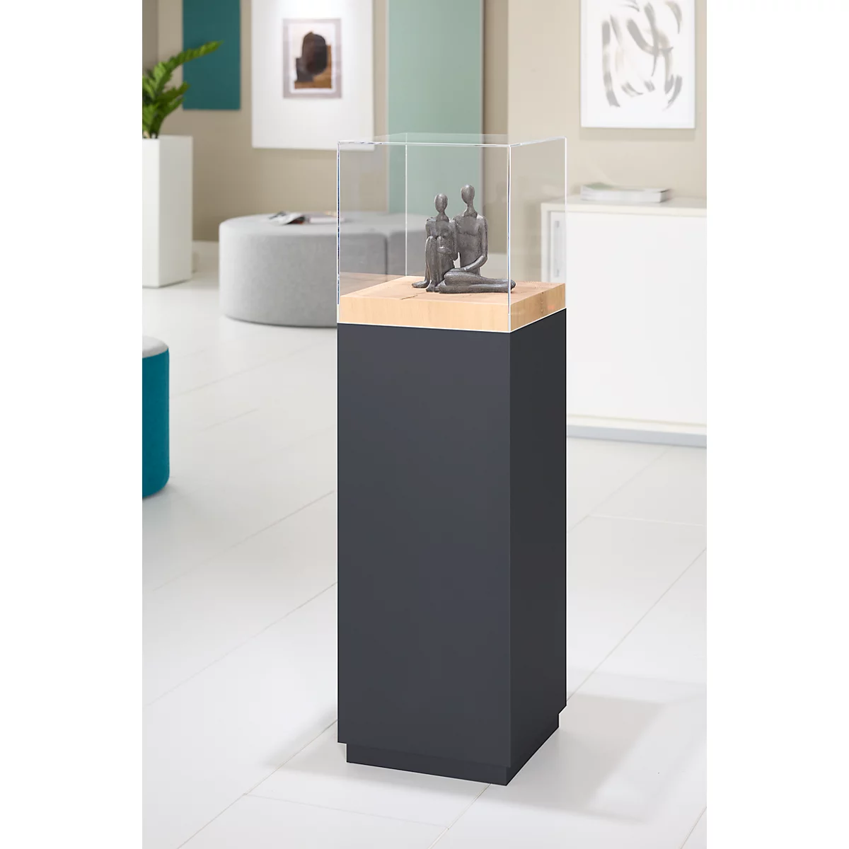 Präsentationssäule, 1 Fachboden, bis 30 kg, T 350 x H 1190 mm, Hirnholz-Eiche/Plexiglas, schwarz-matt