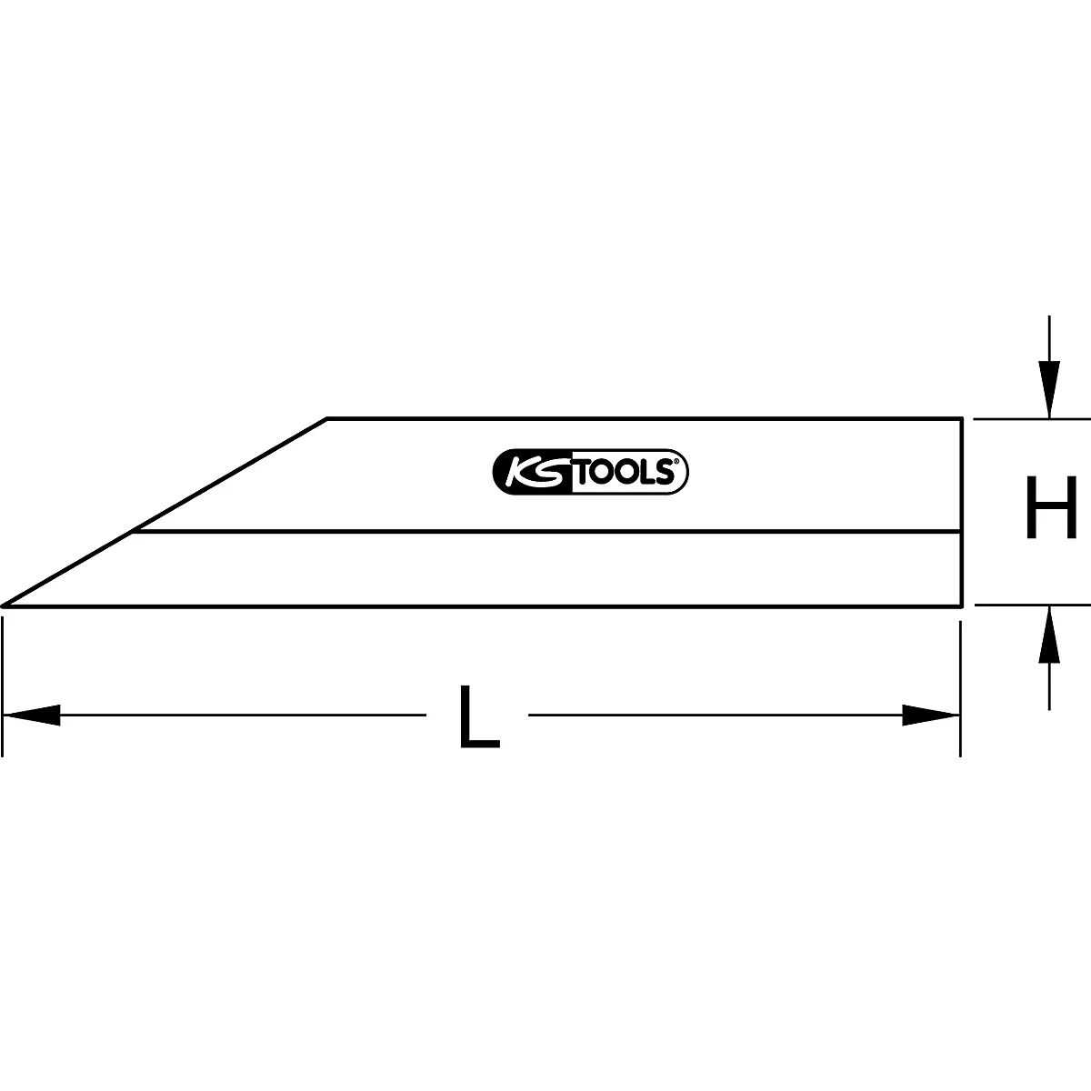 Zeichnung eines Werkzeugs mit abgewinkelter Seite, KS TOOLS-Logo.