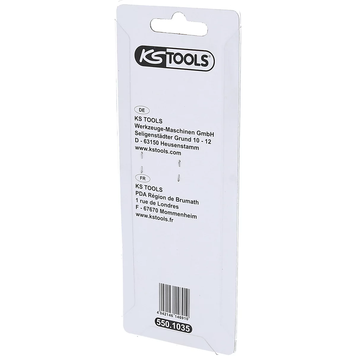 Weiße Produktverpackung mit Text, dem KS Tools Logo und Barcode.