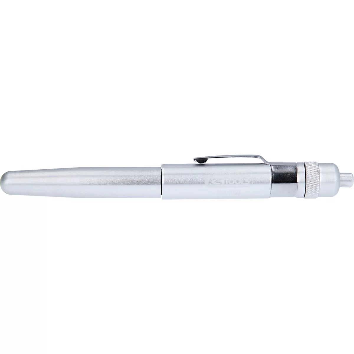 Ein silberfarbener Stift mit Clip. Der Stift ist zylindrisch und hat ein geriffeltes Ende.