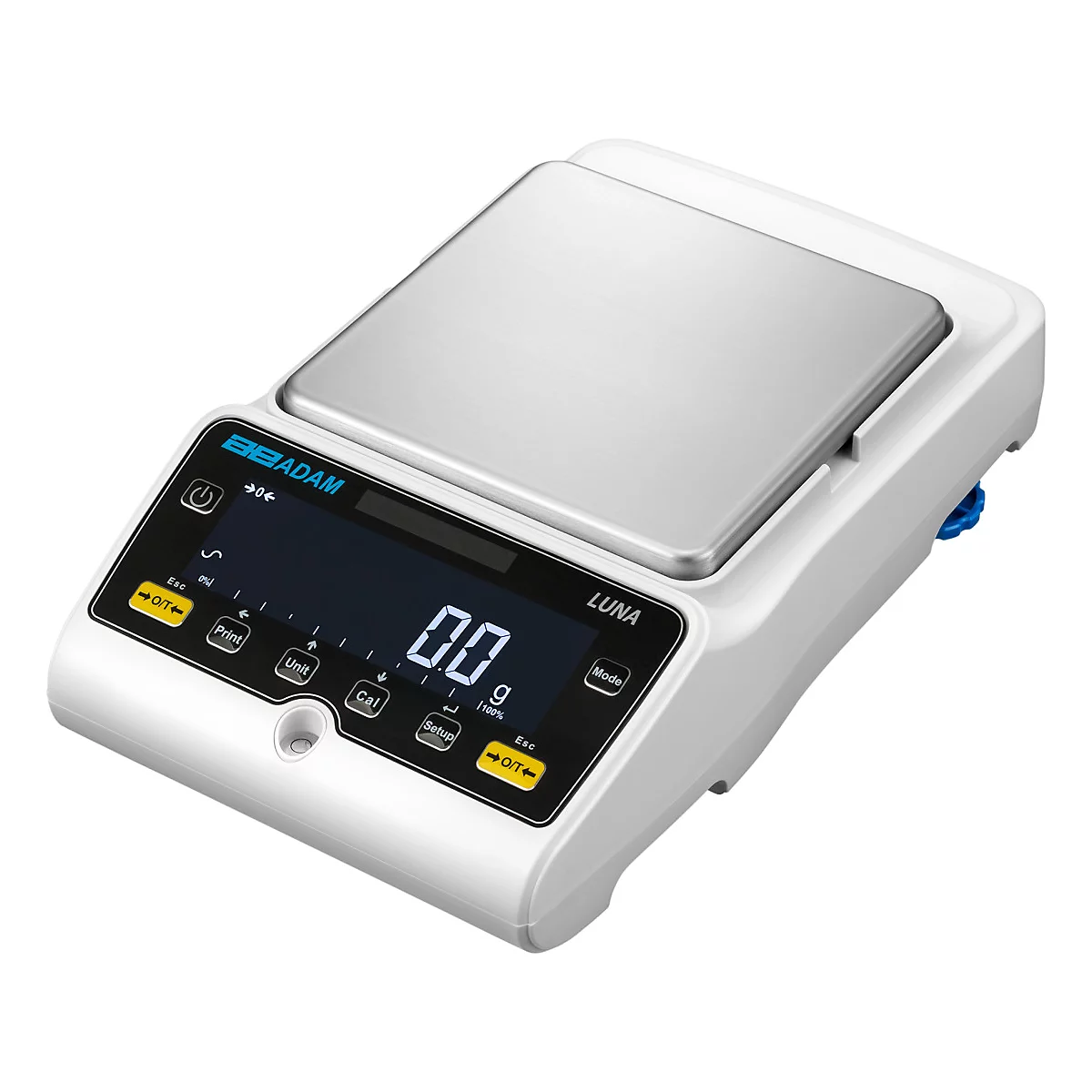 Digitale Waage, weiß, mit rechteckiger Messfläche, Anzeige: 0,0 g, Hersteller Adam, Modell Luna.