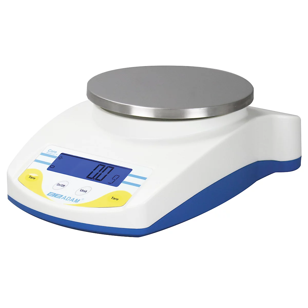 Eine elektronische Waage mit rundem, silbernem Wiegeteller, blauem Display und blauer Basis. Das Display zeigt 0.0g an.
