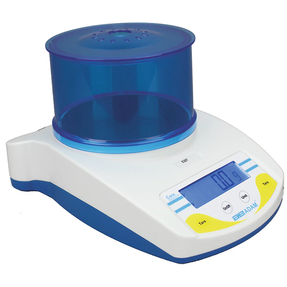 Waage mit blauem Behälter. Digitalanzeige zeigt 0,0 g an.
