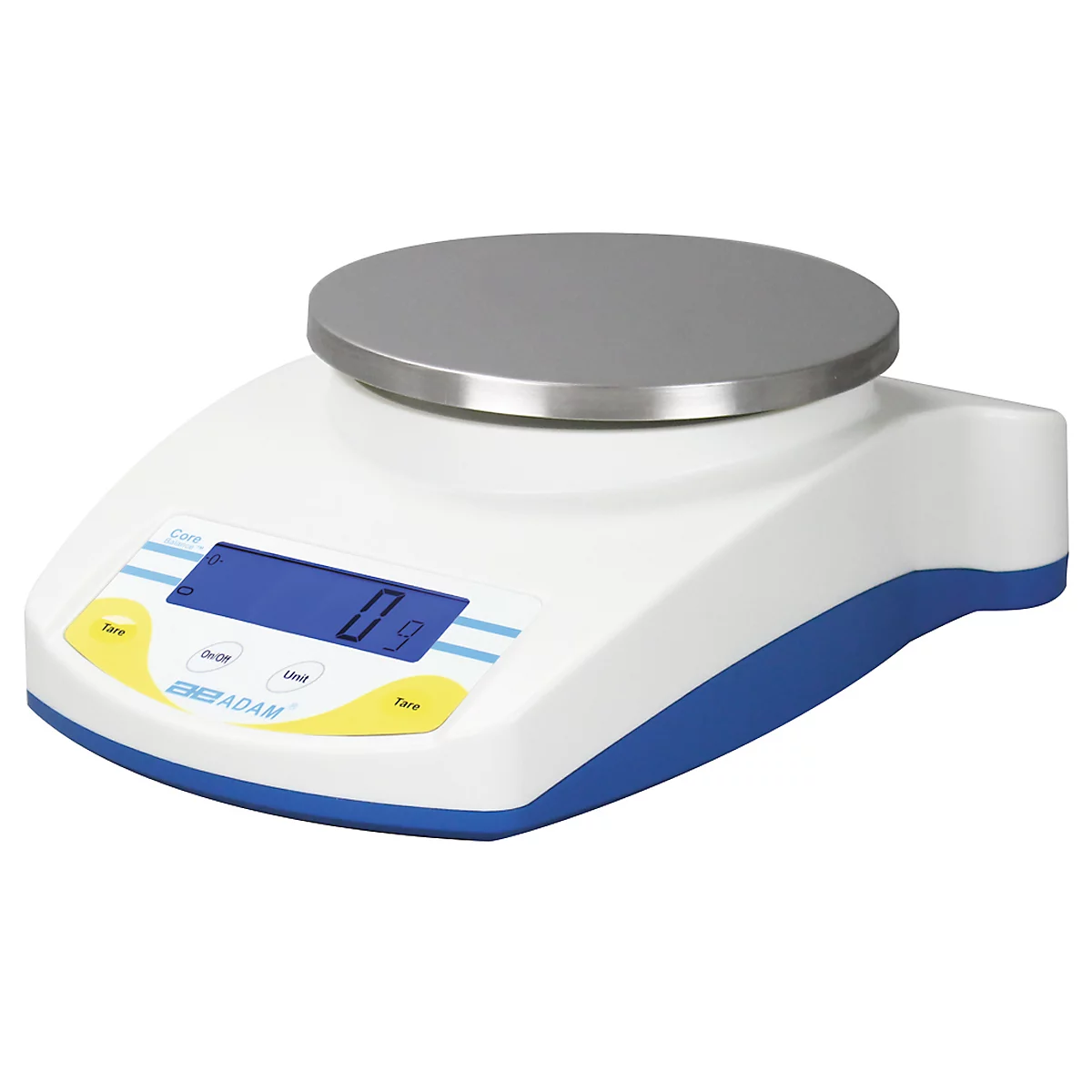 Digitale Waage mit Display, weiß-blau. Oben eine silberne Wiegefläche, Anzeige 0.9.