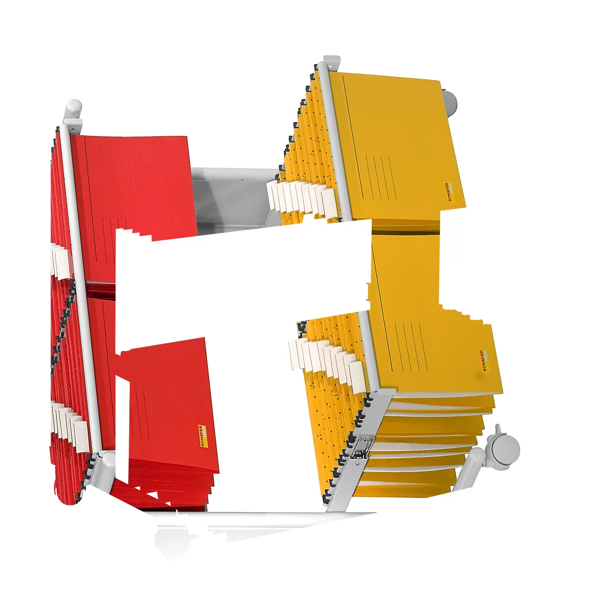 View of two red and yellow hanging folders in an office. The folders are attached to a metal frame and are illuminated from below.