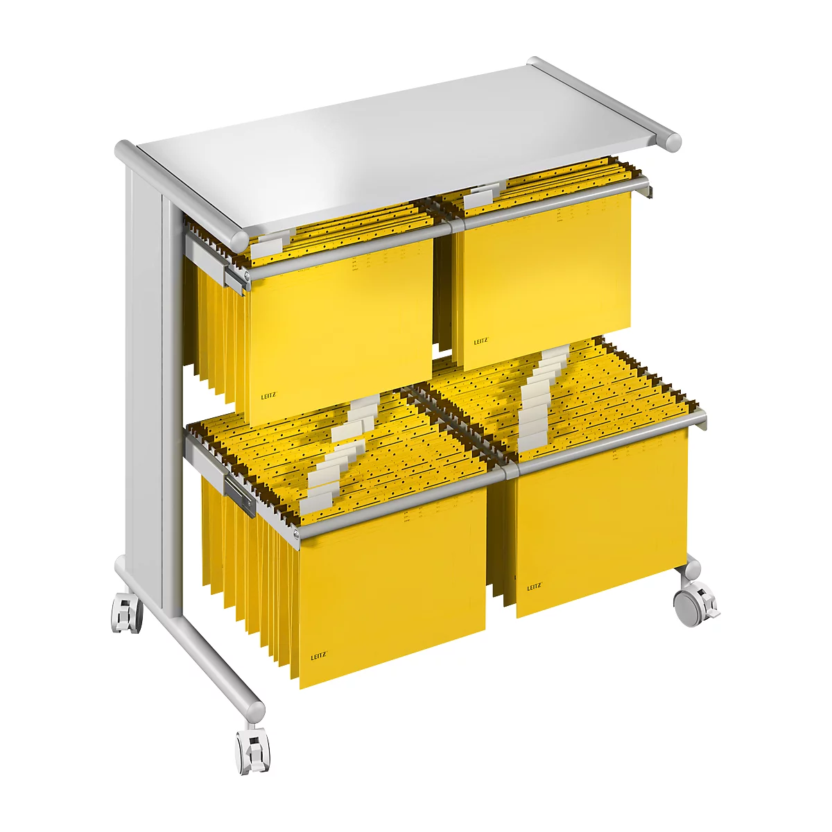 Rolling cart with yellow hanging files. Two levels with folders, a shelf above, on casters.