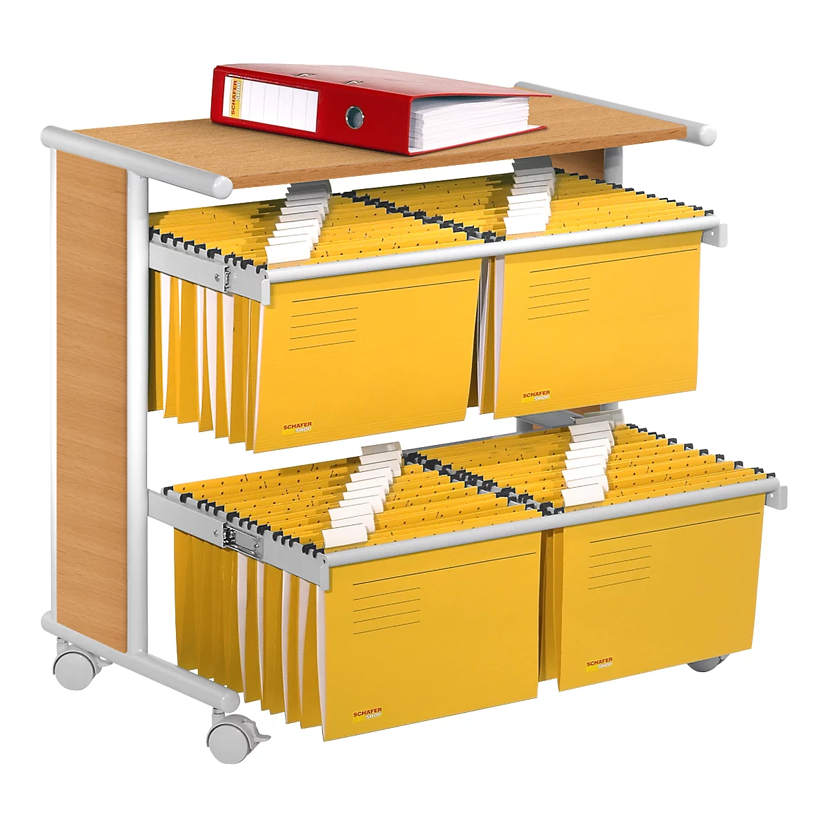 Mobile cart with yellow hanging folders and red binder. The folders are arranged in shelves. The cart is on wheels.