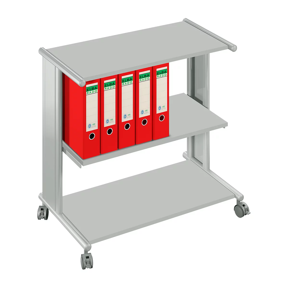 Grey file cart with three levels, filled with red binders. Two wheels are visible.