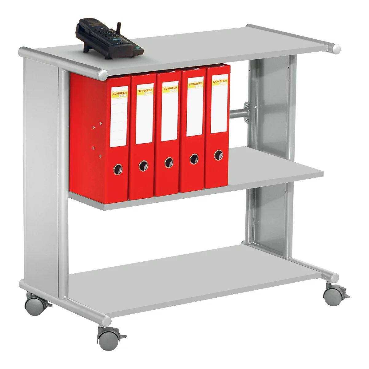 Grey serving cart with 4 red binders and a telephone. Binders have white labels. The cart is on wheels.