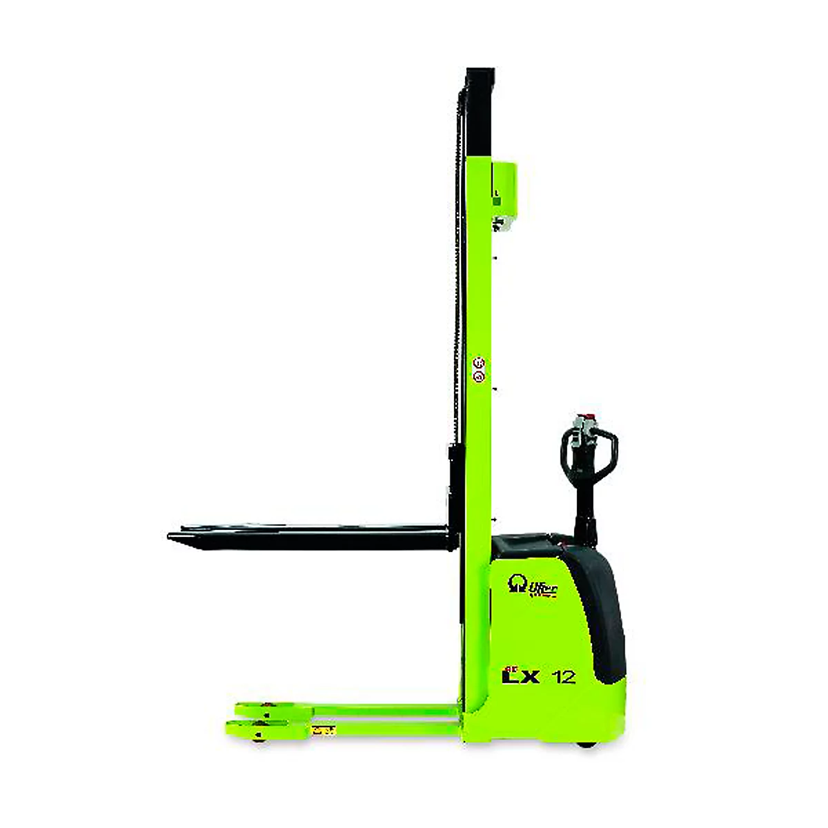 A green forklift with a black handle and fork. The forklift has the inscription "LX 12".