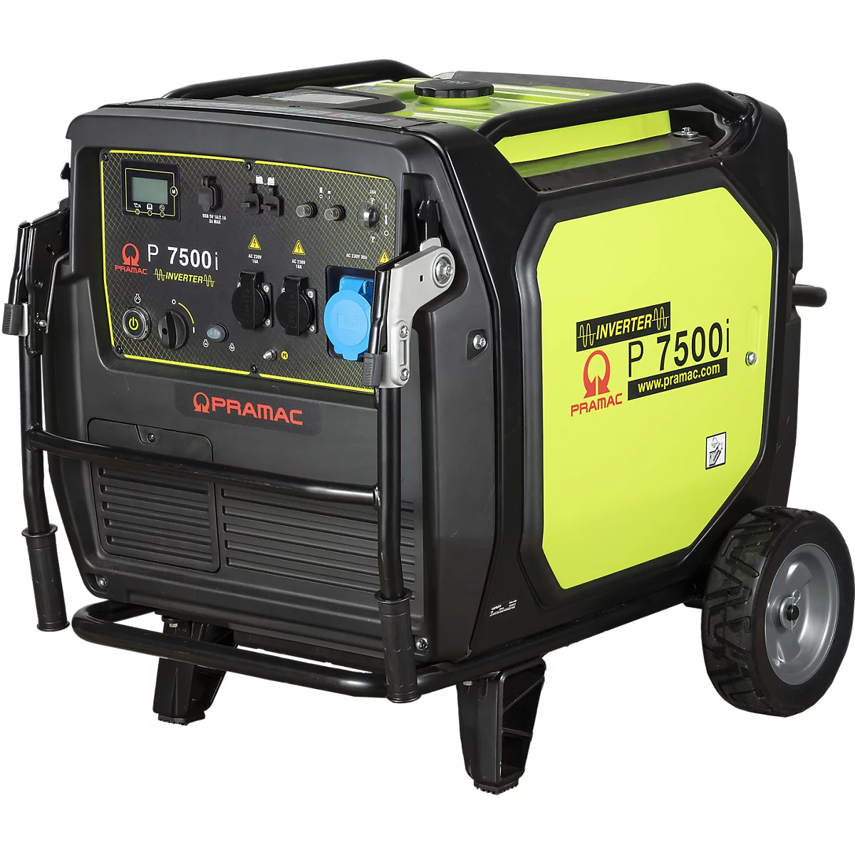 Mobiler Inverter-Stromerzeuger Pramac P 7500i in Schwarz und Gelb mit Tragegriff und Rädern auf weißem Hintergrund.