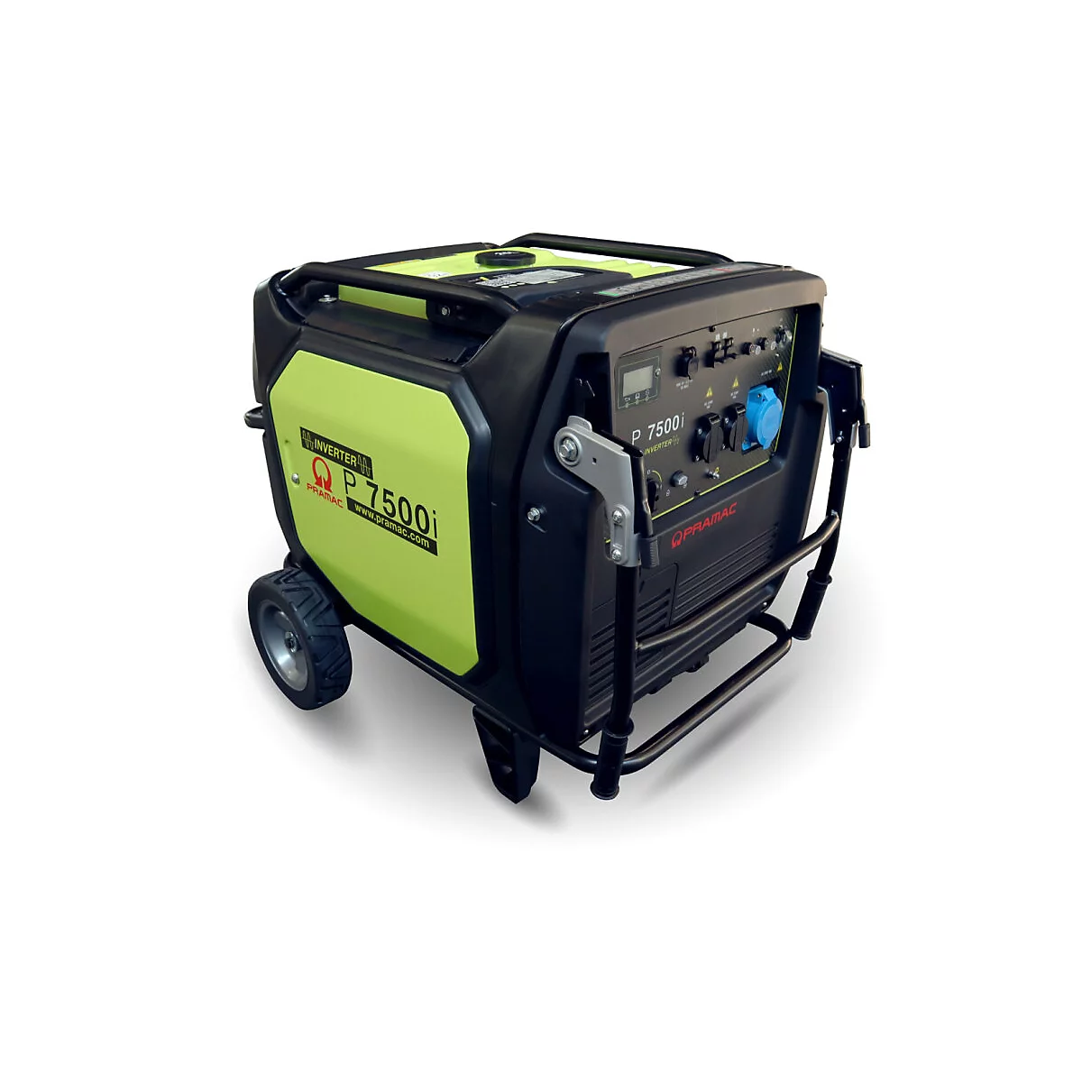 Mobiler Inverter-Stromerzeuger P 7500i in Schwarz und Hellgrün mit Rädern vor weißem Hintergrund.