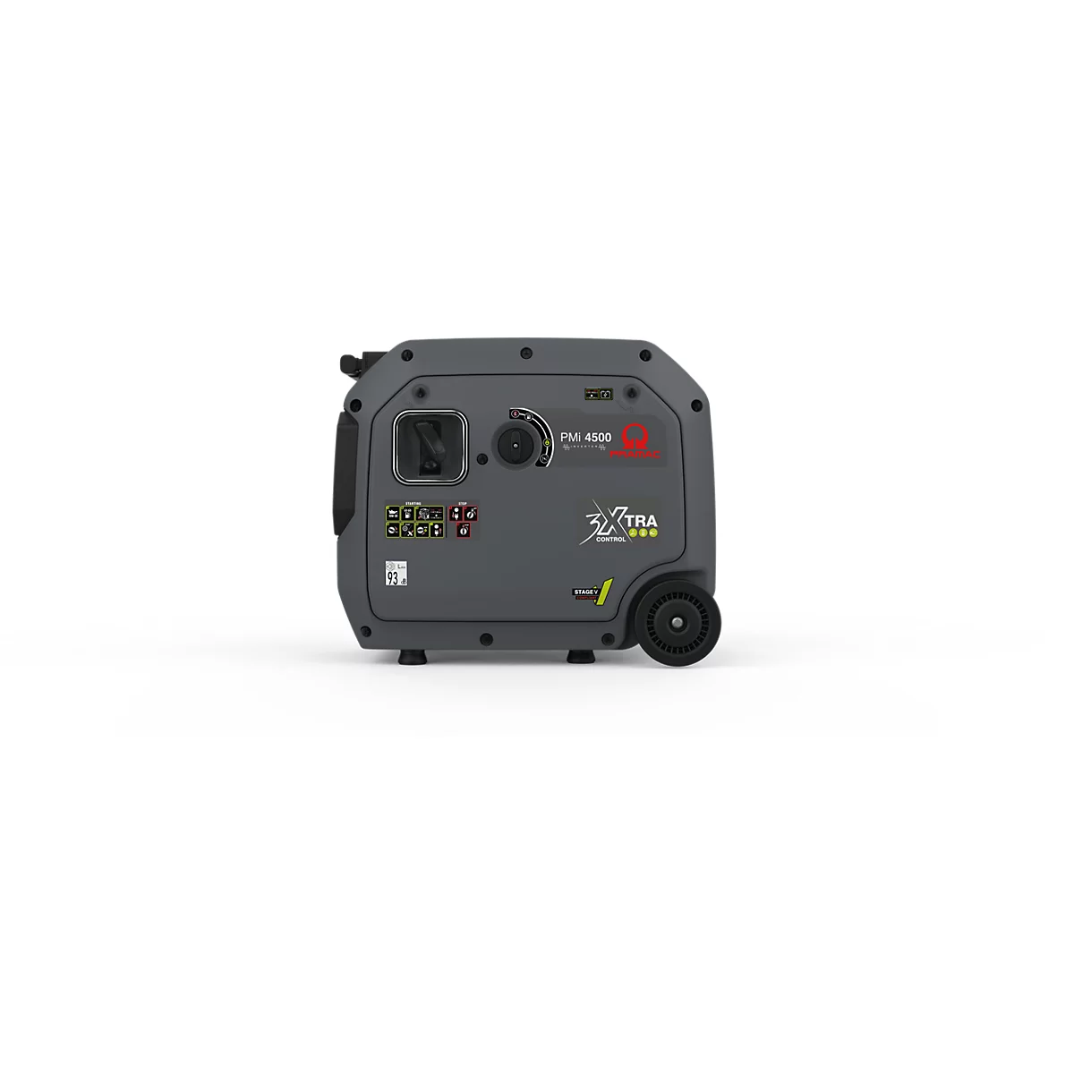 Grauer, kompakter Inverter-Stromerzeuger der Marke Xtra mit Bedienpanel und Rad vor weißem Hintergrund.