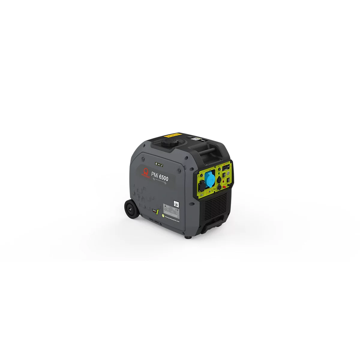 Grauer Inverter-Stromerzeuger PM 6500 mit gelber Frontblende vor weißem Hintergrund.