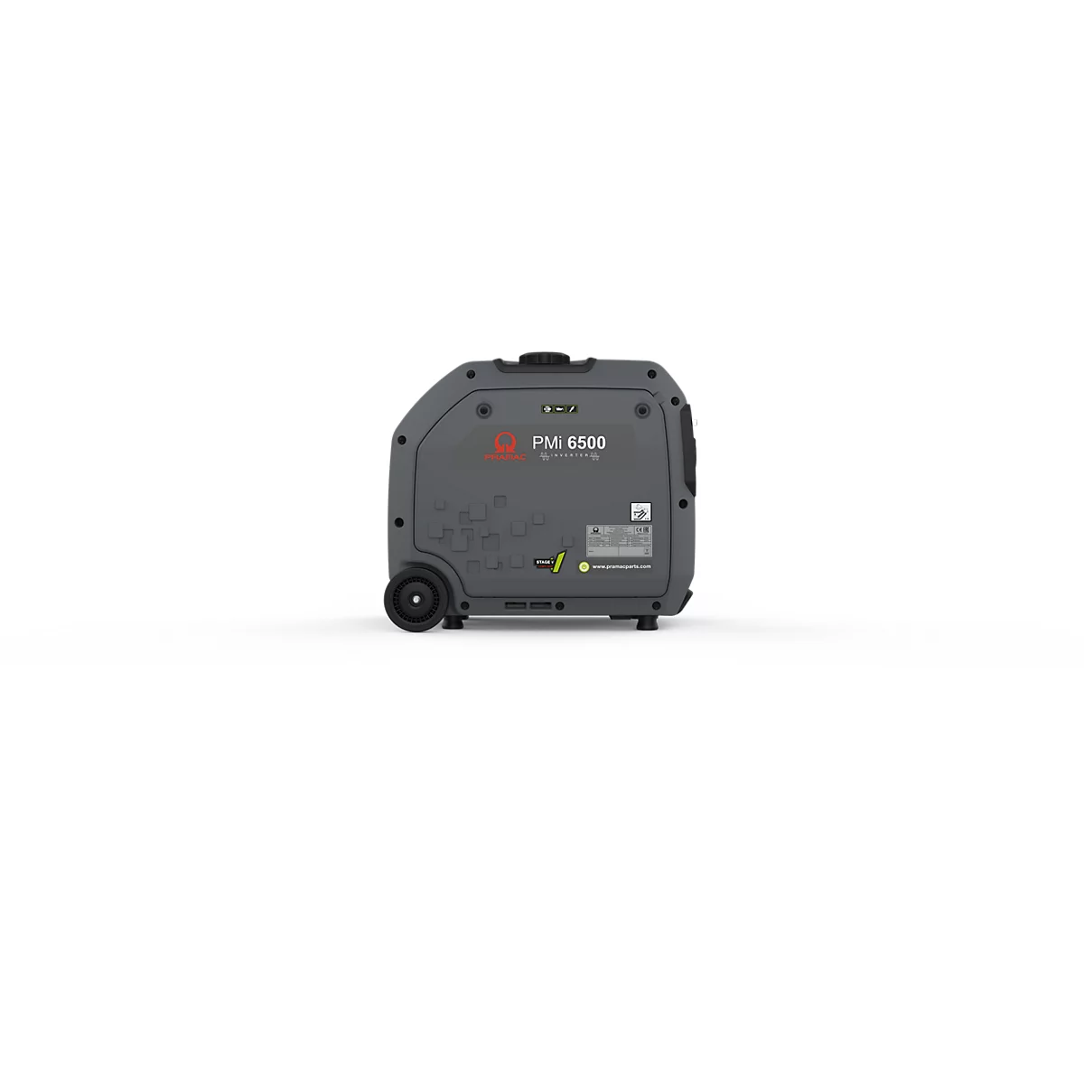 Grauer, mobiler Stromgenerator PM 6500 mit Rollen vor weißem Hintergrund.