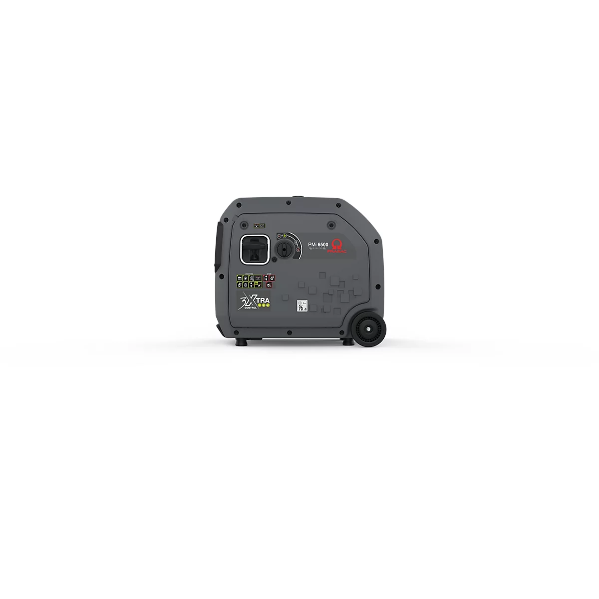 Grauer, kompakter Inverter-Stromerzeuger mit Rollen vor neutralem Hintergrund.
