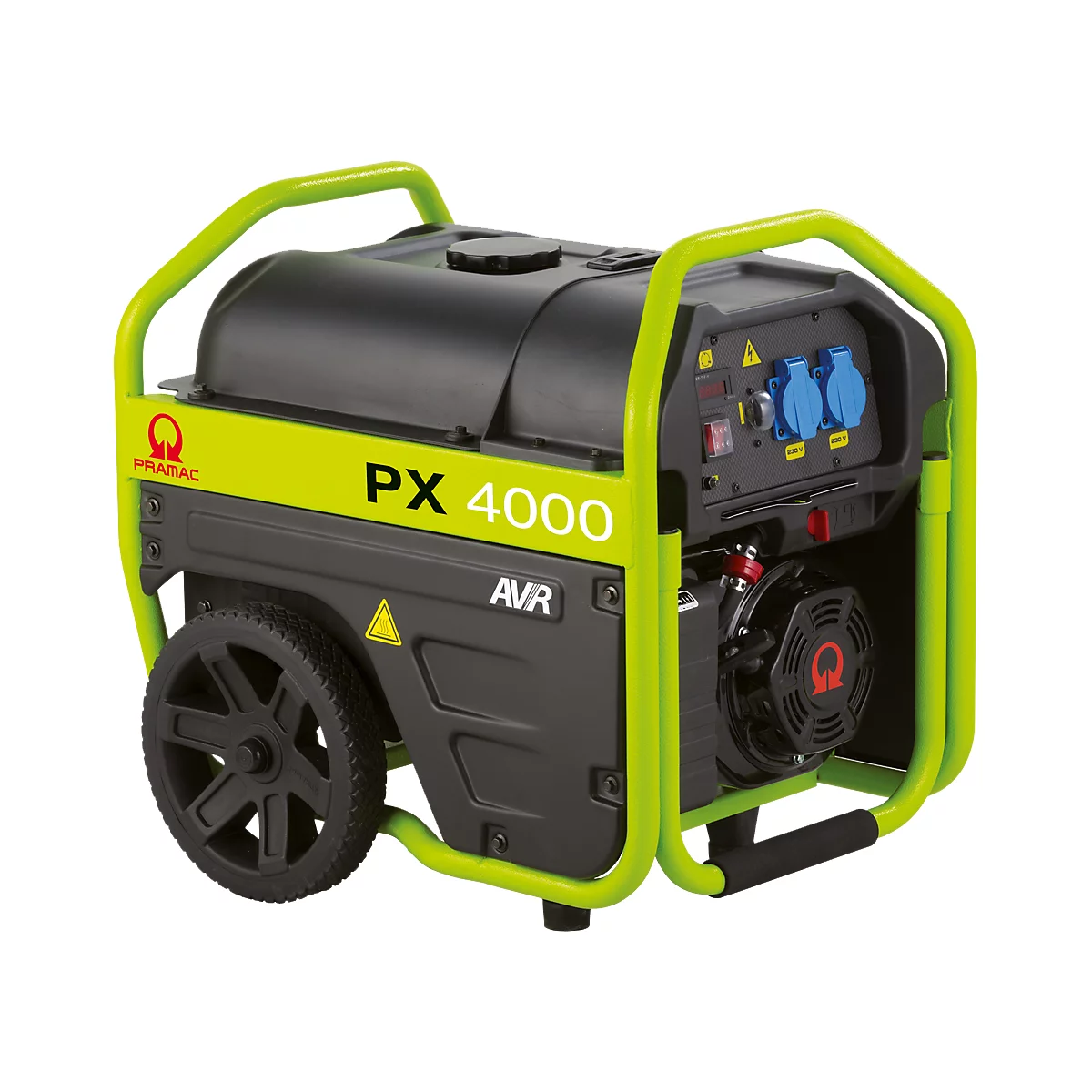 Mobiler Stromerzeuger Pramac PX 4000 mit neongrünem Rahmen und schwarzen Rädern.