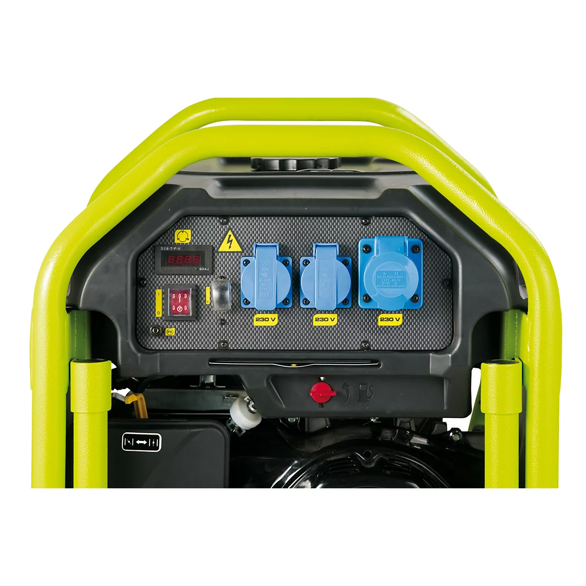 Nahaufnahme des Bedienfelds eines gelben Stromgenerators mit drei blauen 230-Volt-Steckdosen und einem Schalter.
