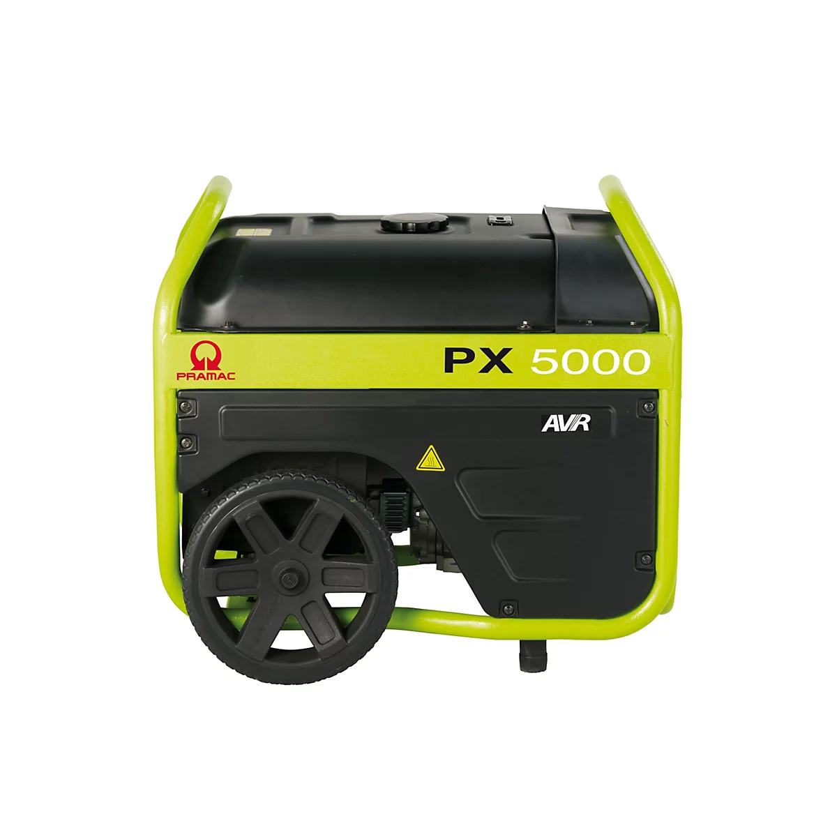 Gelber und schwarzer Stromerzeuger Pramac PX 5000 mit Rädern vor weißem Hintergrund.