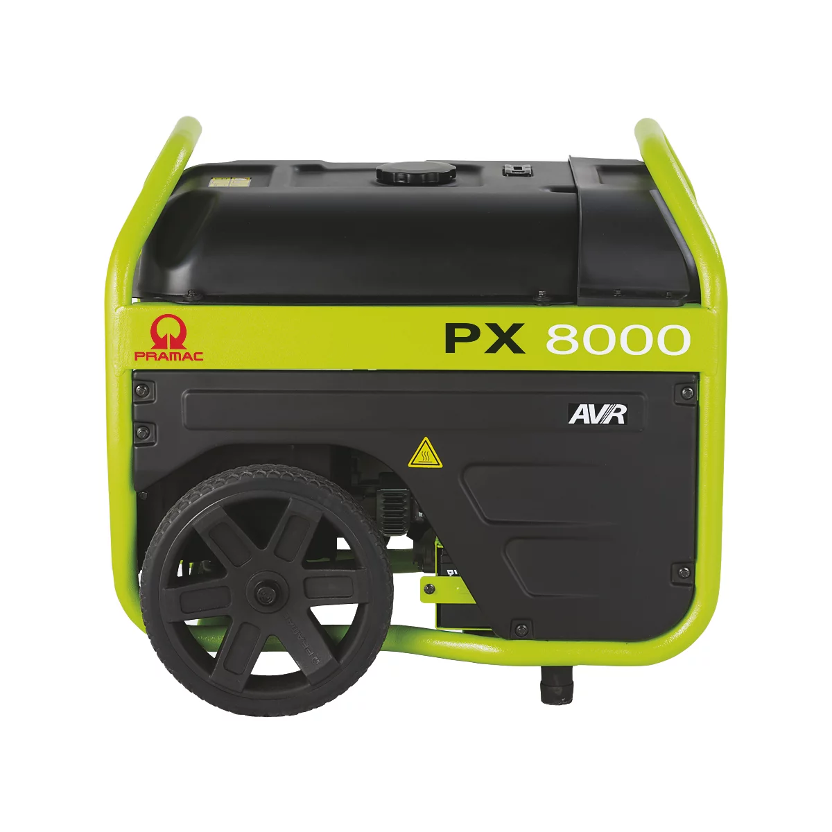 Pramac PX 8000 Stromerzeuger mit limegrünem Rahmen, schwarzem Gehäuse und großem Rad auf weißem Hintergrund.