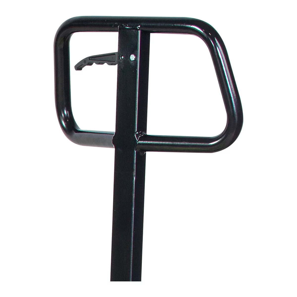 Black lifting handle of a forklift with handle, frame and operating levers.